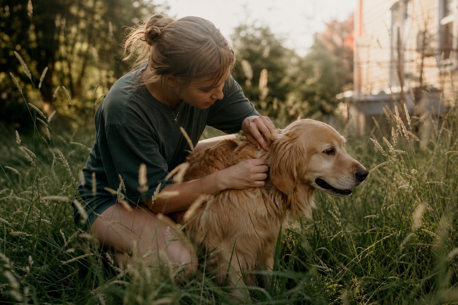 A person checking their dog for ticks in tall summer grass