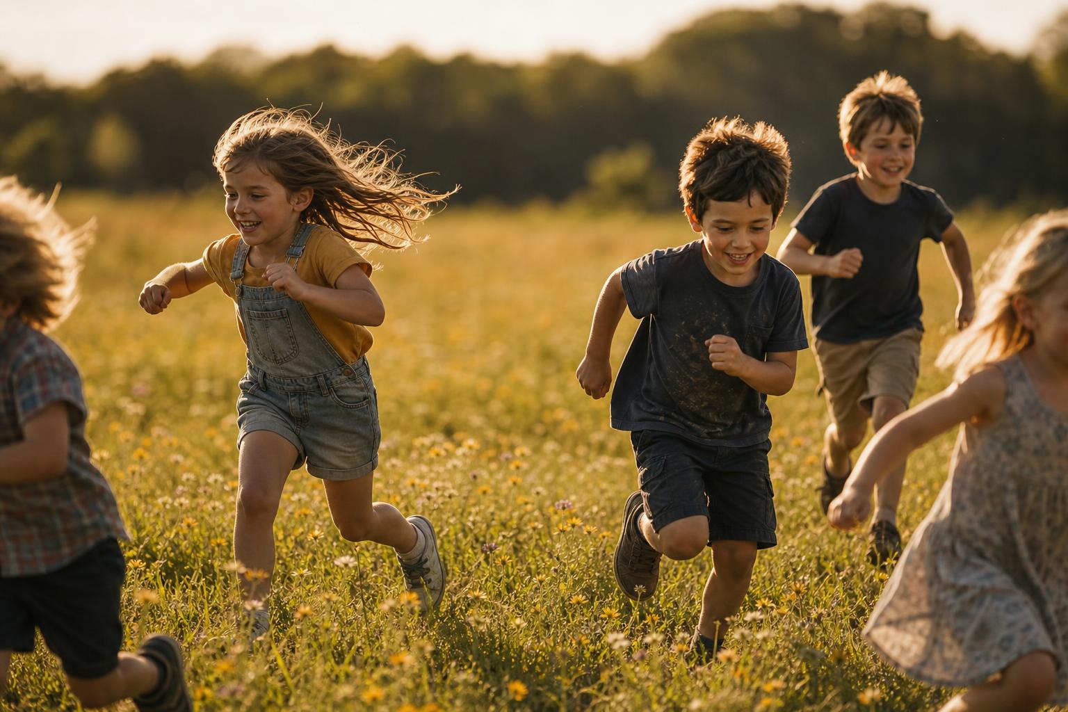 Kids running through a sunny meadow field